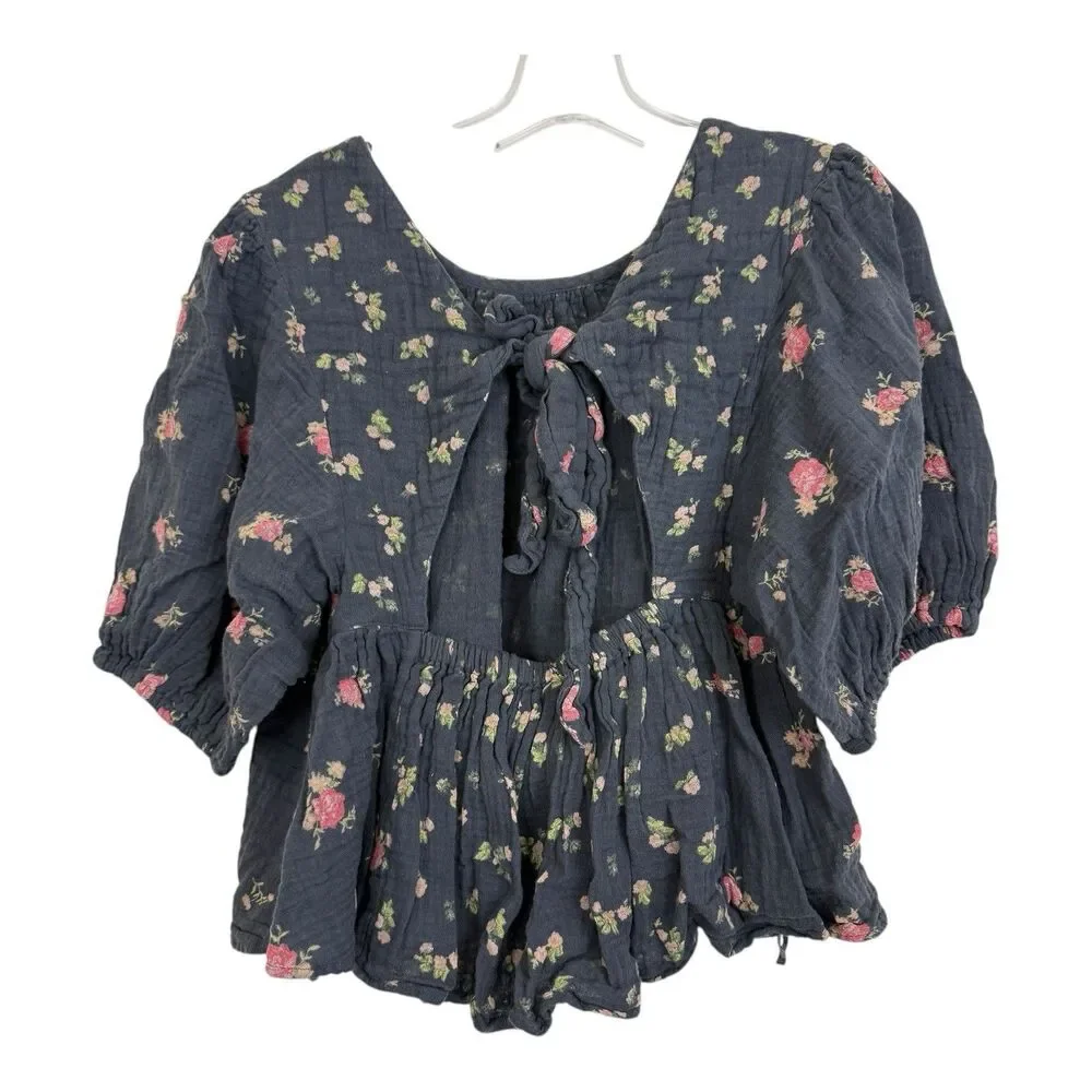 Free People Chloe Crop Backless Top Sz S Gray Floral Balloon Sleeve Cottage Boho